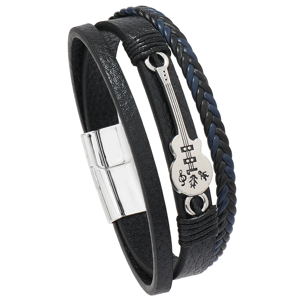 Wholesale Hip-hop Rock Jewelry Bracelets Bangles Fashion Guitar PU Leather Bracelet for Men