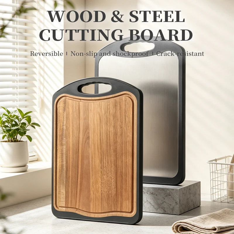 Acacia Wood and Stainless Steel Double Sided Cutting Board with Juice Groove Meat Vegetable Fruit Cooking Kitchen Chopping Bo