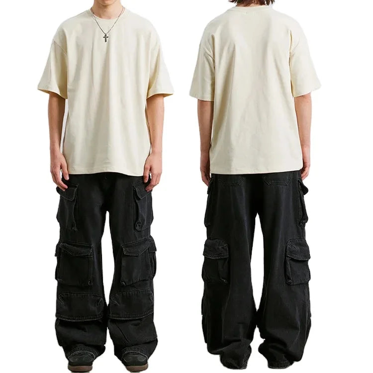 Men's Custom Multi-Pockets Cargo Jeans Straight Streetwear Baggy Washed Denim Pants With Button Fly Closure