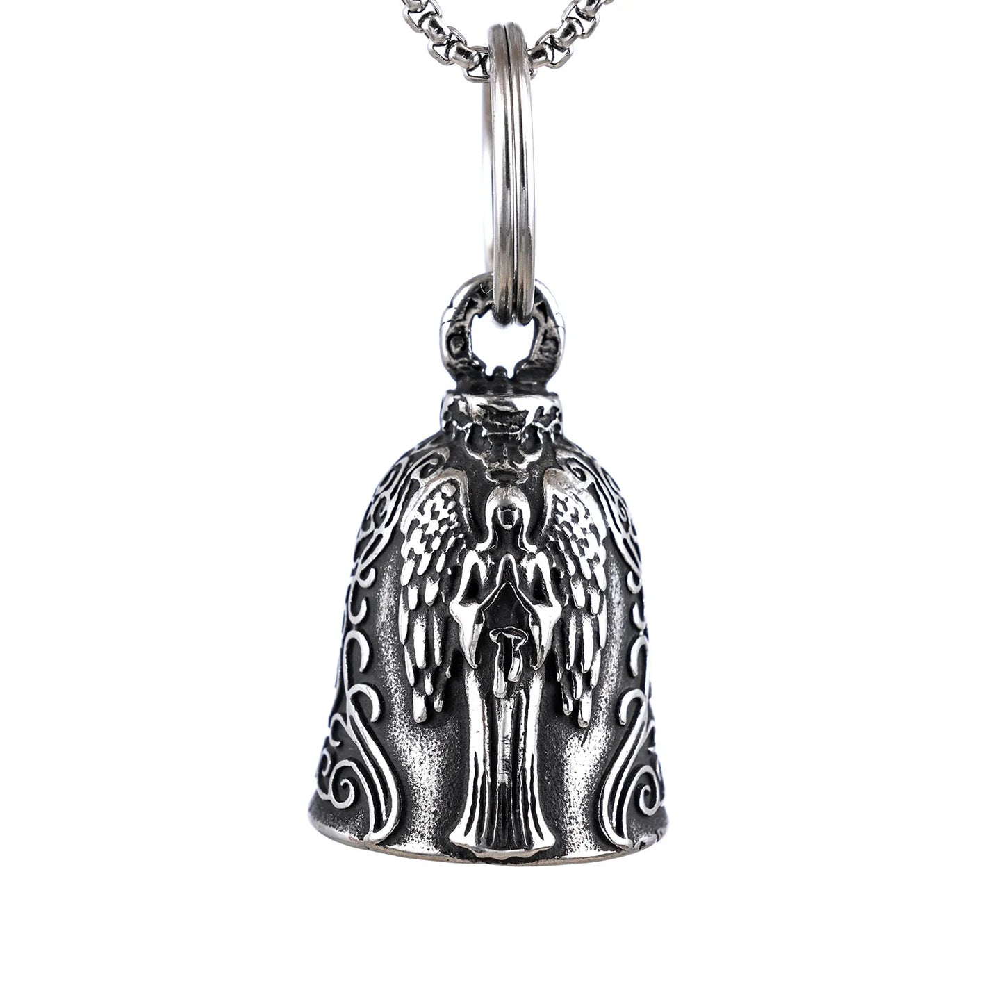 Vintage Motorcycle Angels Bell Keychain Guardian Riding Biker Metal Bells Key Chains Necklace Luck on the Road Bicycle Bells