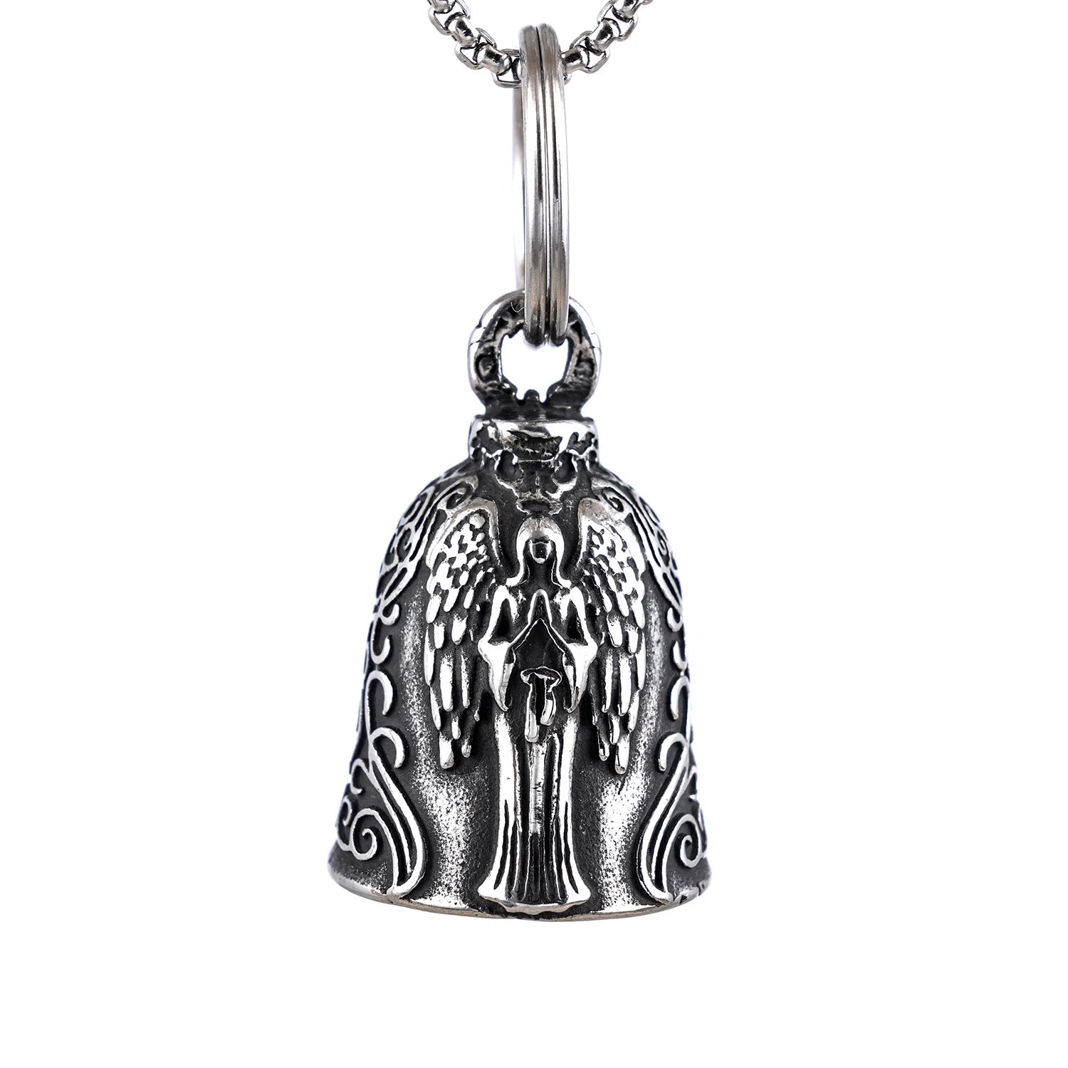 Vintage Motorcycle Angels Bell Keychain Guardian Riding Biker Metal Bells Key Chains Necklace Luck on the Road Bicycle Bells