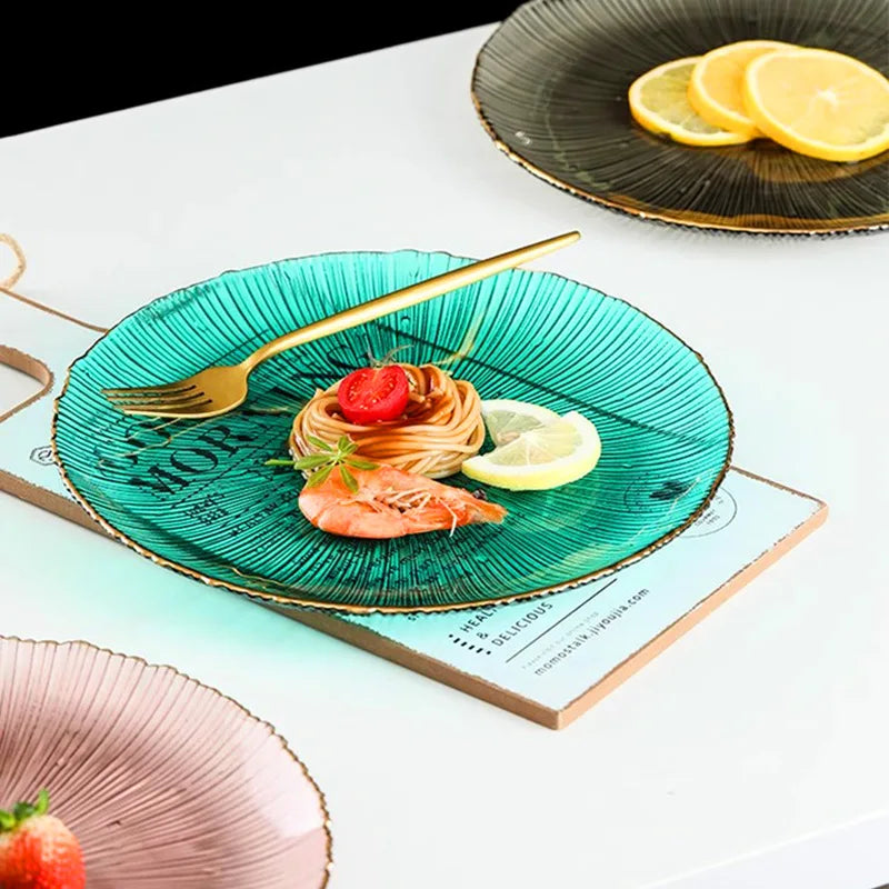 Wedding Decoration Plate Luxury Round Dessert Crystal Green Glass Steak Plate Gold Rim Salad Charger Plates With Gold Rim