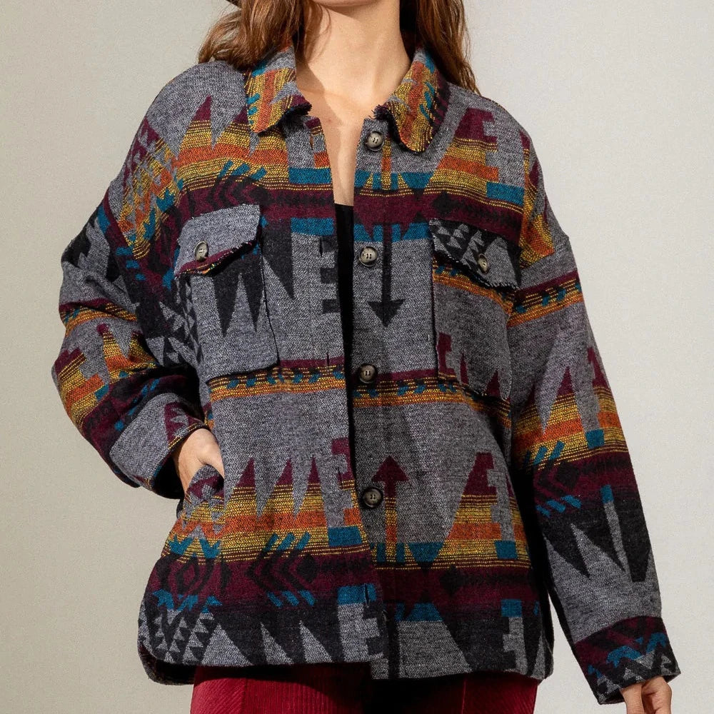 Winter Plaid Jacket Women Streetwear Long Thick Wool Coat Fashion Pocket Oversized Lapel Autumn Shirts Vintage Aztec Coats