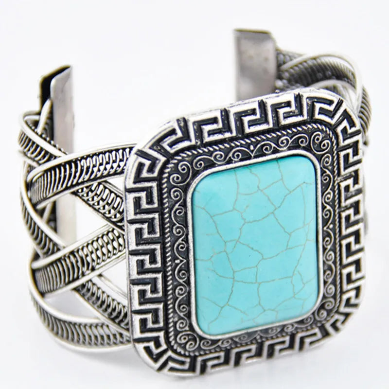 Eco-friendly Antique Silver Plated Cross Cuff Bracelets Women Exaggerated Chunky Rectangle Turquoise Bangle Gifts for Mother