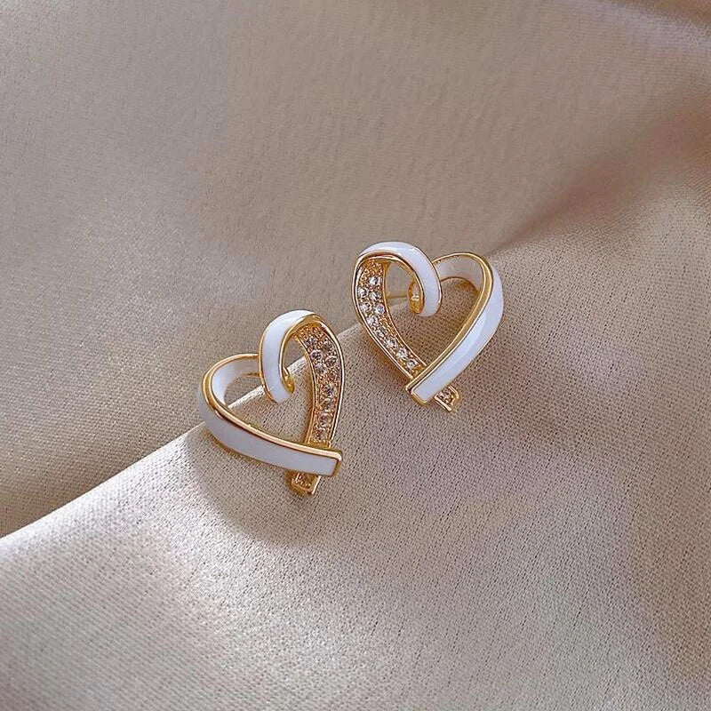 Korean Exquisite Small Love Heart Shape Earring 925 Silver Post 18k Gold Rhinestone White Enamel Hollow Heart Stud Earrings