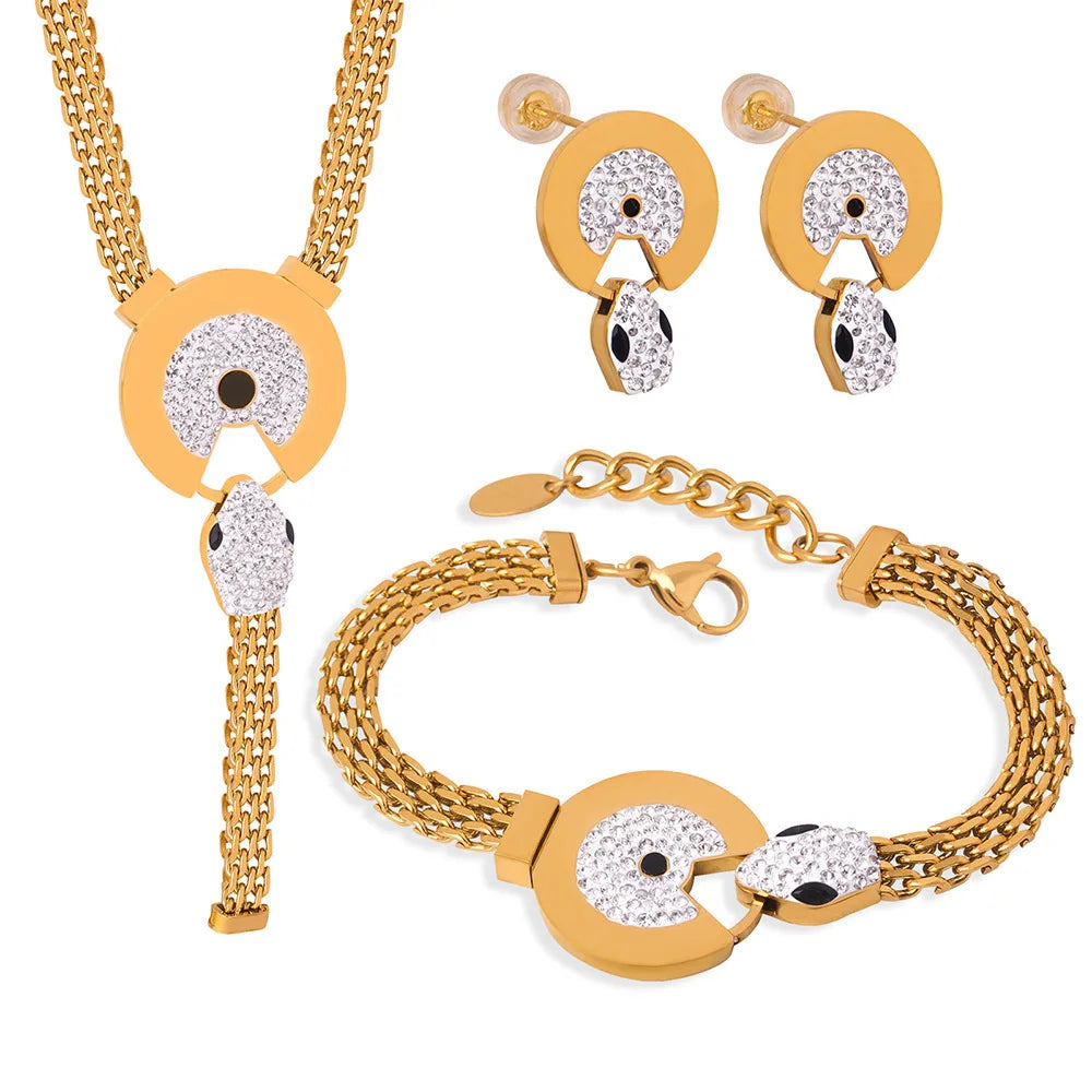 New Design 18k Gold Plated Tarnish Free Stainless Steel Snake Jewelry Set Zircon Necklace Earrings Bracelet Set for Women