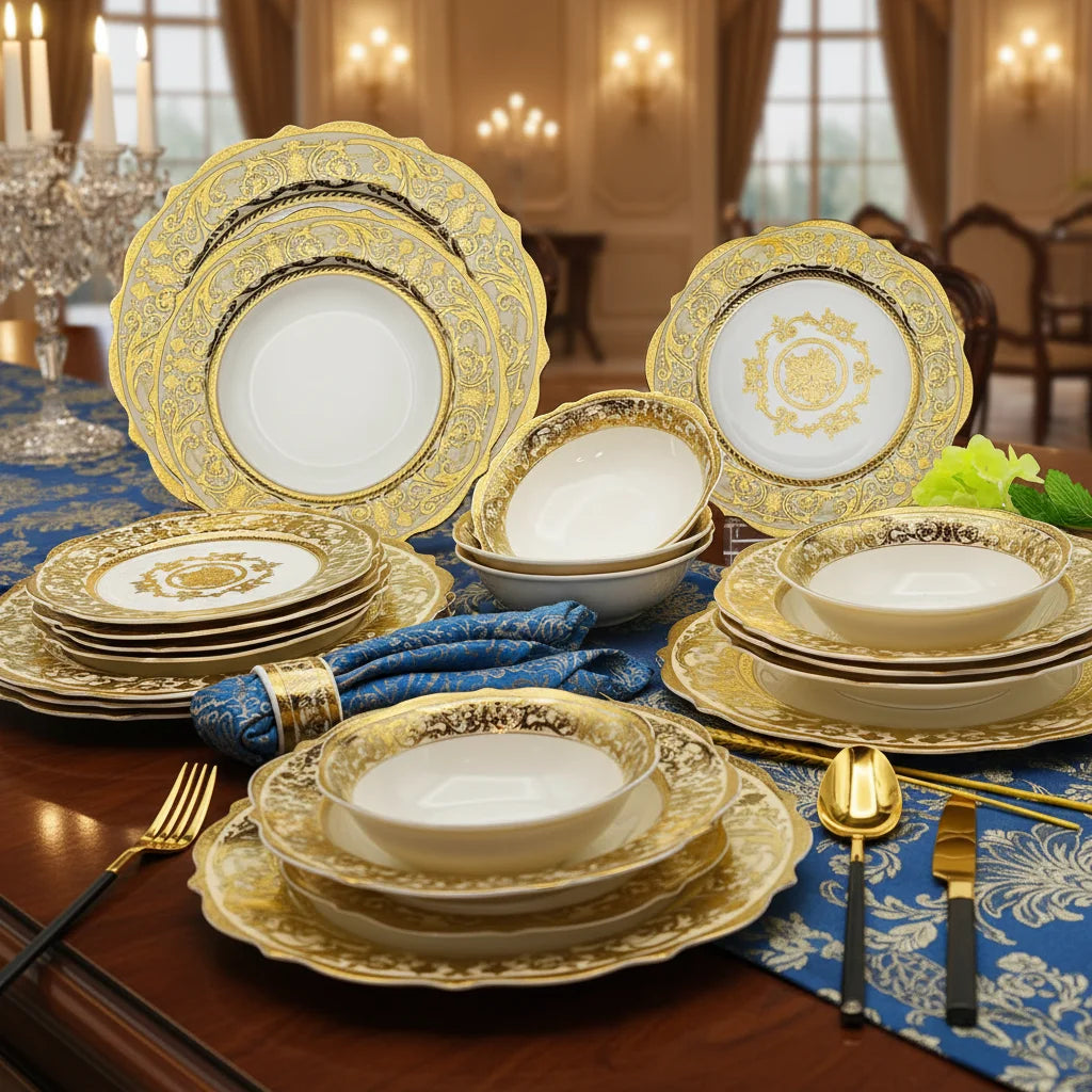 Quick Shipping Karosa 24pcs Embossed Gold Porcelain Bone China Dinner Plate with Bowl Luxury Style Dinner Tableware Set for 6