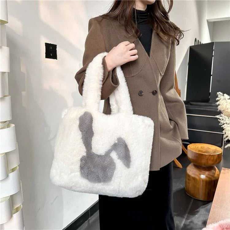 Cute Cartoon Plush Tote Bag for Women High Capacity Supermarket Shopping Shoulder Bag