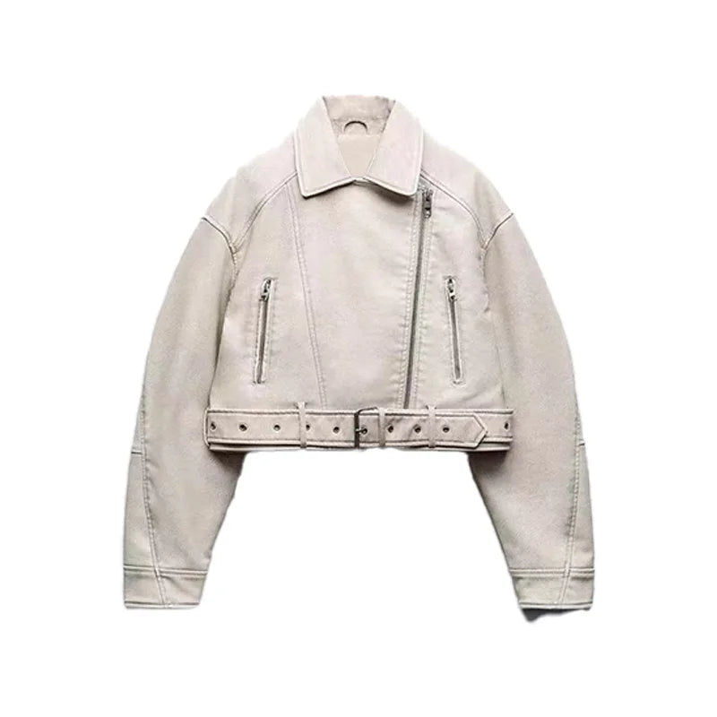 ZATRHMBM Women's 2024Spring Fashion Belt Faux Leather Jacket Vintage Long Sleeve Women Coat Chic Tops