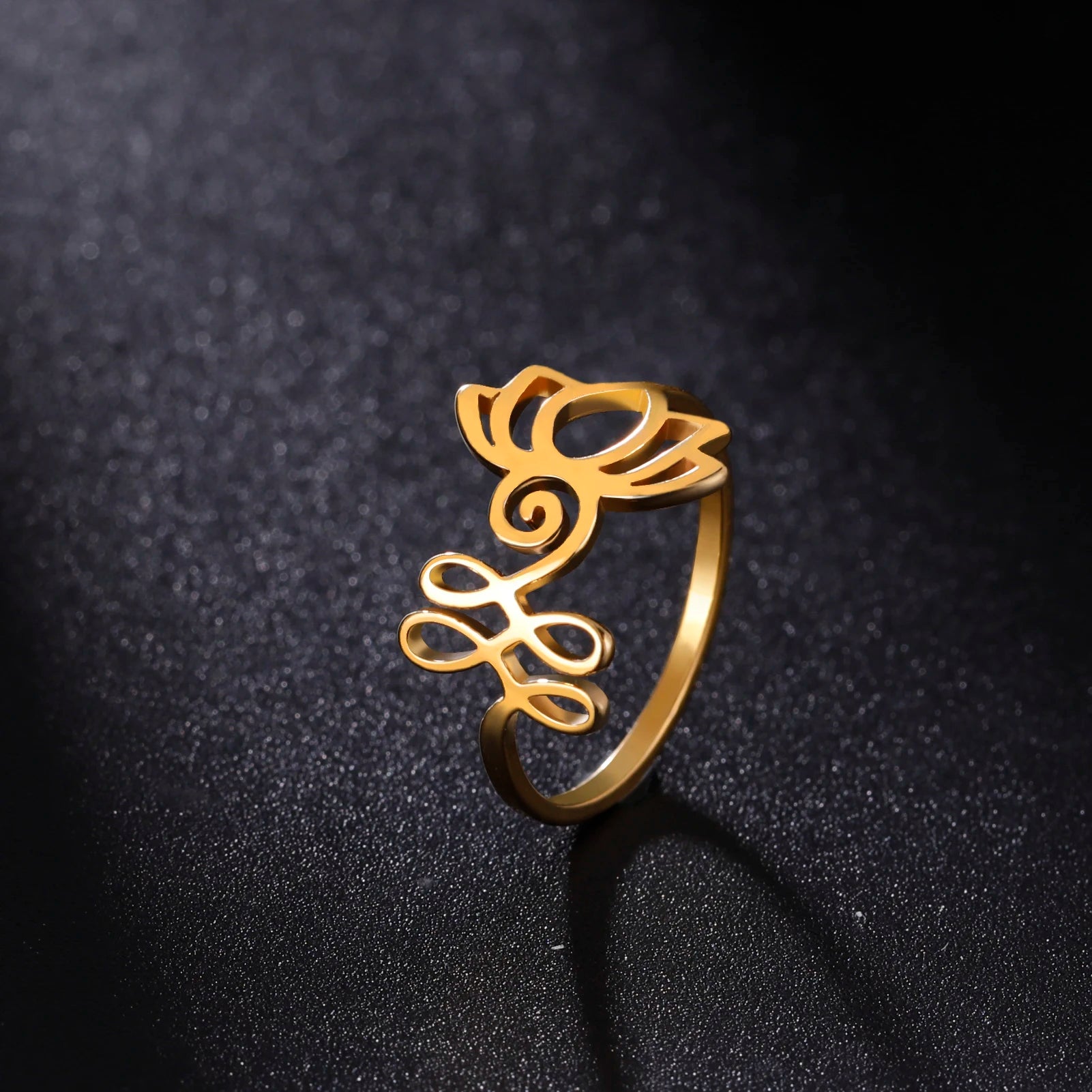 Unalome Symbol Women Ring Buddhism OM Spiritual Lotus Flower Wedding Bands Stainless Steel Sanskrit Jewelry Yoga Gifts