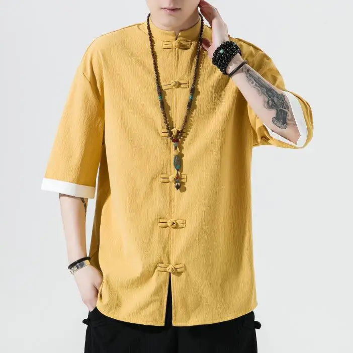 M-5XL Men's Cotton Linen Short Sleeves Shirt Male Chinese Style Mandarin Collar Slim T Shirt Summer Tops Mens Shirts