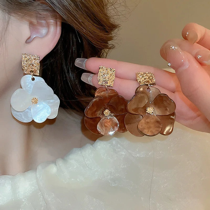 Fashion Long Resin Acrylic Flower Earrings for Women Jewellery Big Rhinestone Drop Trendy Earrings Korean Summer Gifts