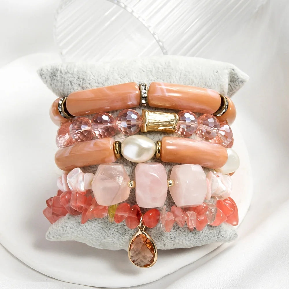 New Boho Thick Acrylic Pipe Jewelry Elastic Natural Stone Crystal Glass Shell Bracelet Drop Flower Pendant Stack Bracelets Se