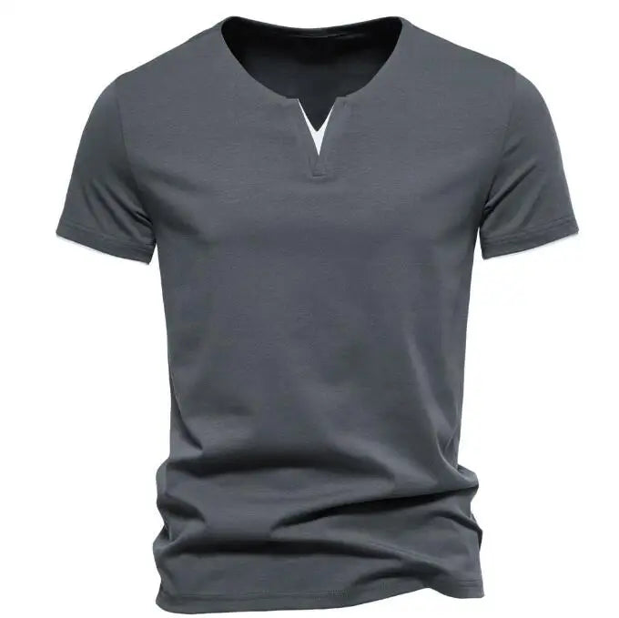 Summer Men's Fashion V-neck T-shirt Short Sleeved Breathable Cotton Solid Color Casual T-shirts