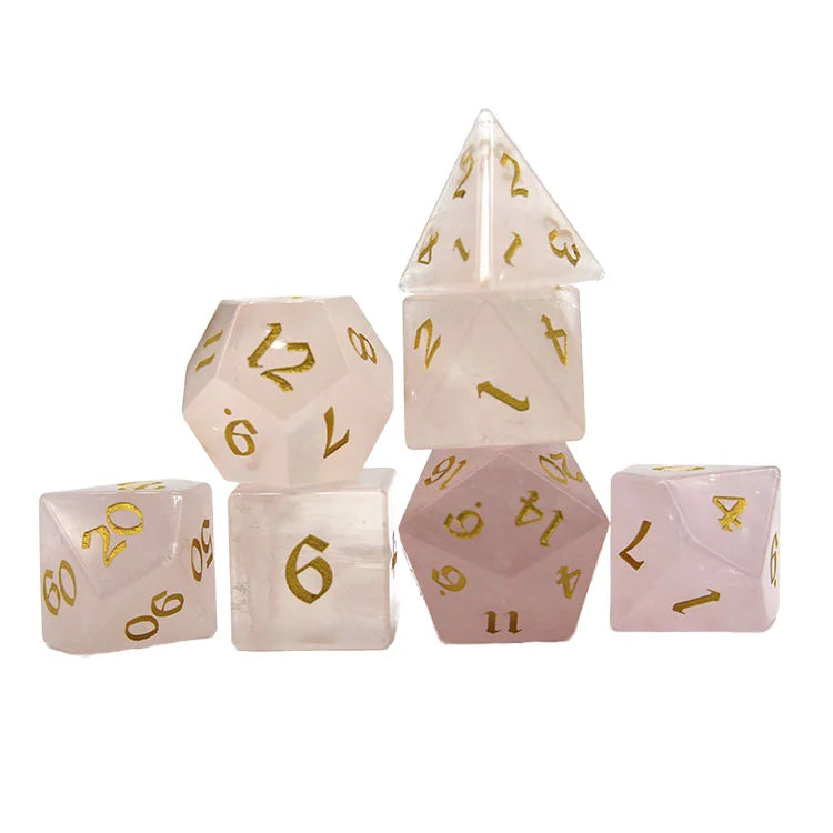 Custom D20 DND Polyhedral Dice (16-24mm) Pink Crystal Stone with Custom Logo 7-Piece Set in Velvet Bag for DND Games