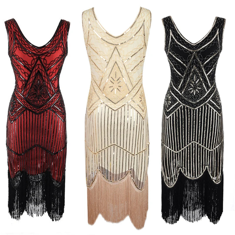 Women Party Dress 1920 s Great Gatsby Flapper Vestidos Sequin Bead Fringe Dress Evening V Neck Sleeveless Plus Size Women Dre
