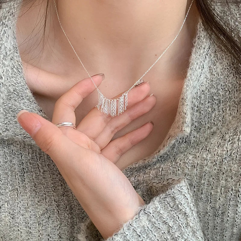 Simple Chic INS Pure 925 Sterling Silver Thin Chain Tassel Pendant Necklace for Women Girls Jewelry