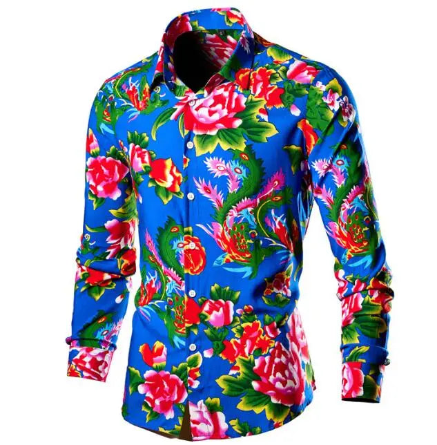 Men's Northeast Large Flower Long Sleeved Cardigan Shirt Large Size Fashionable Trend Casual Multicolor Shirt