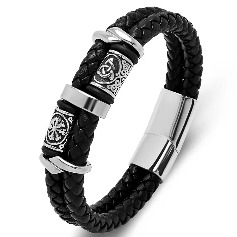Handmade Splicing Color Simple Bracelet Leather Stainless Steel Beaded Men's Bracelet Fashion Metal Bracelet