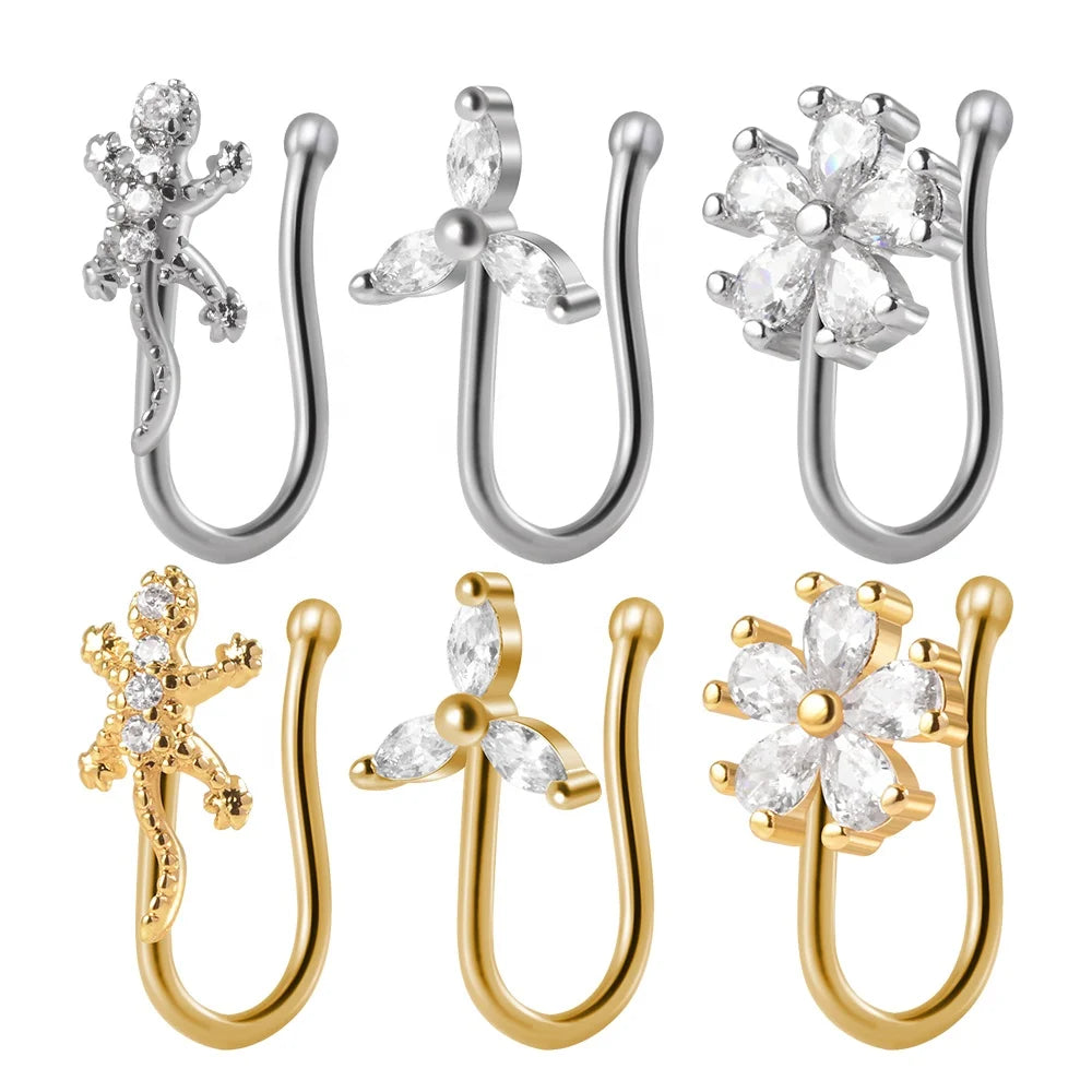 Women's Gold Hinged Nose Rings Wholesale Flower Lizard Zircon Faux Fake Piercing Jewelry Brass Nose Cuffs Clip on for Wedding