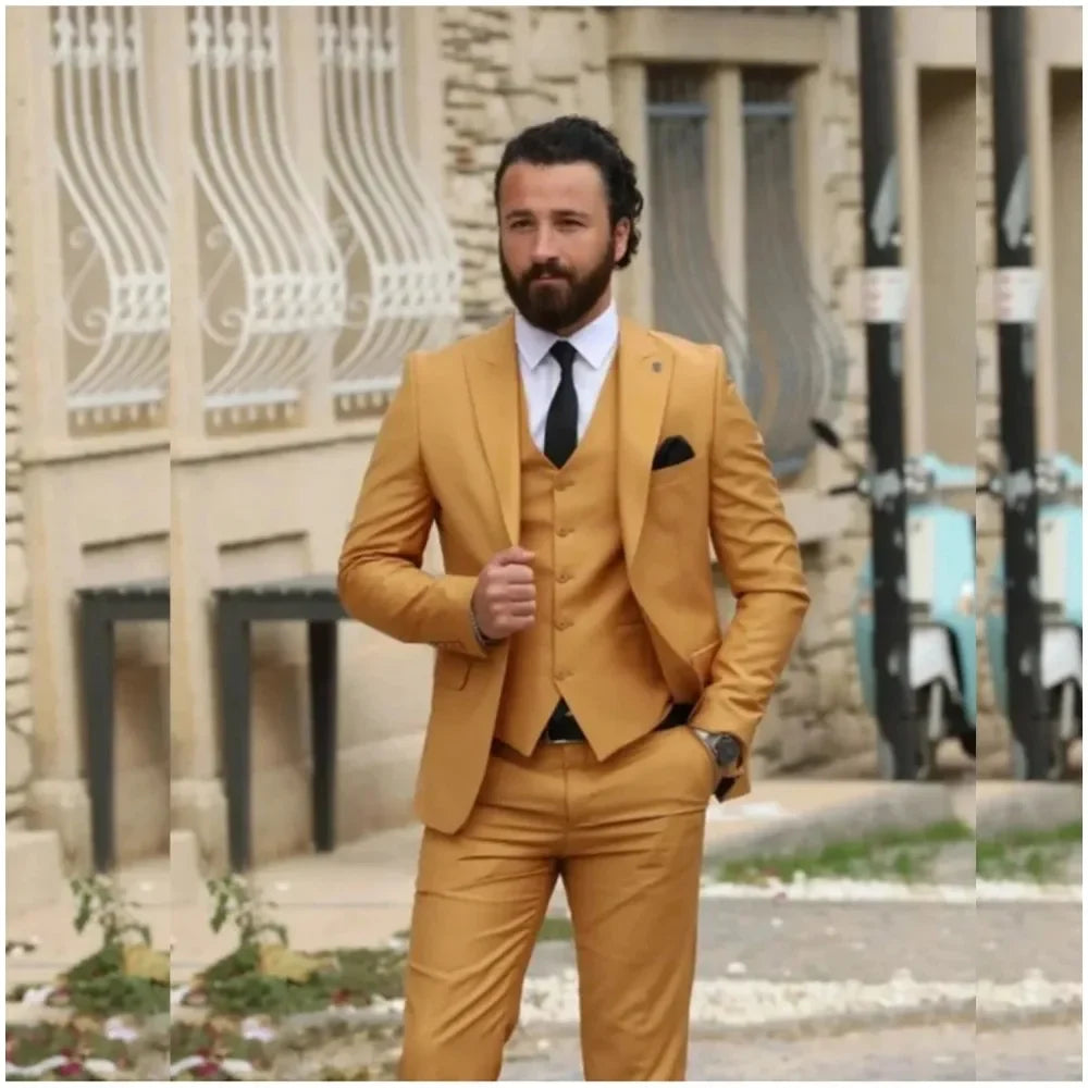 Men's Solid Color Suits Formal 3 Piece Jacket+Pants+Vest Single Breasted Peaked Lapel Wedding Groom Tailored Costume Ropa Hom