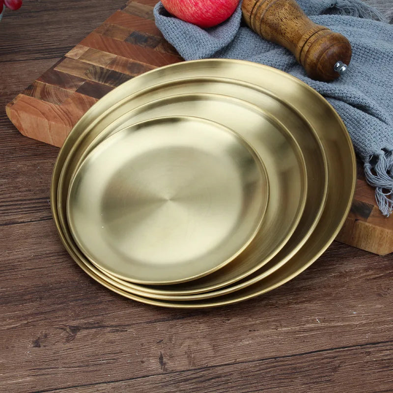 Serving Tray Dinner Plates Storage Plate Cake Dish Gold Round Dessert Stainless Steel Silver Camping Restaurant 9inch 23cm Go