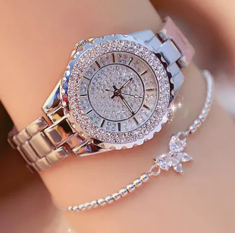Fashion 18k Gold Beads Zircon Butterfly Bracelets Ladies Watch Gift Set Bling CZ Diamond Quartz Watch and Bracelet Set for Wo
