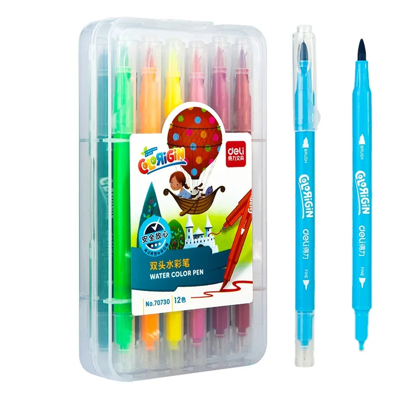 Deli 70730 12pcs/box Double-headed Watercolor Pen Children's Soft-headed Art Painting Pen 144box*12pcs=1728pcs Per Carton Set