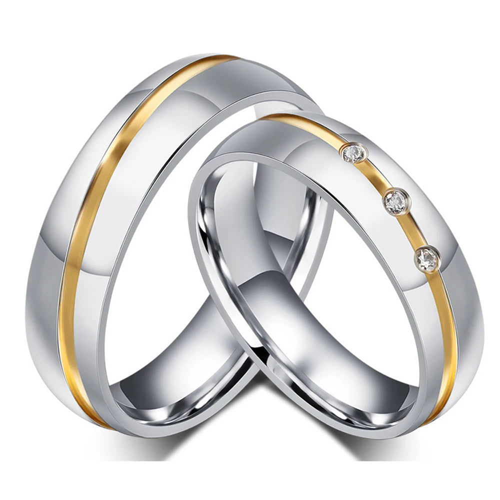 High Polished Love Alliance Wedding Rings Set Micro Zircon Diamond Stainless Steel Engagement Ring for Couple