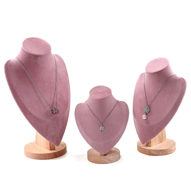 China Factory Directly Wholesale Necklace Pendant Jewelry Display Stand pink Velvet Wooden Based Custom Package George Packin