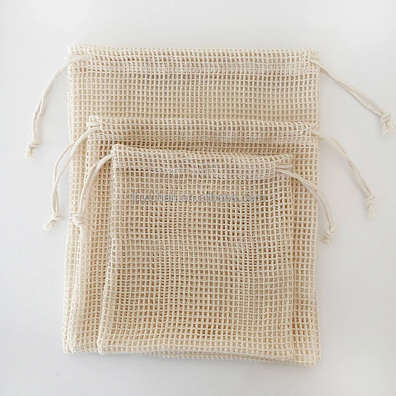Eco-Friendly 9x12cm Reusable Organic Cotton Drawstring Mesh Cosmetic Bags for Packaging Lip Gloss