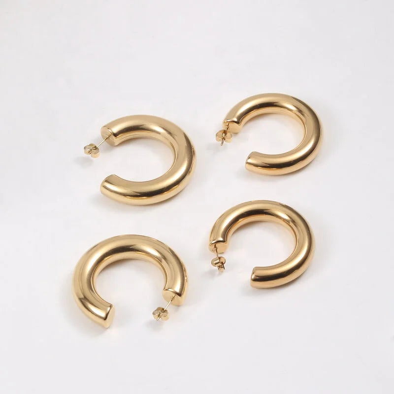 Fashion Jewelry 18K Gold Plated Stainless Steel Round C Shape Empty Tube Large Statement Earrings