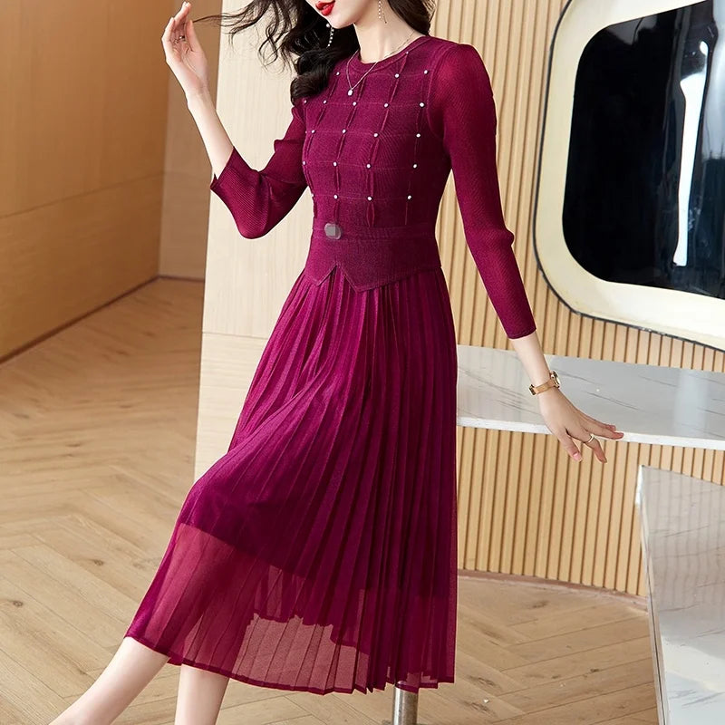 Spring New Small Fragrant Style High End Elegance Slim Waist Large Hem Splicing Folded Loose Plus Size Dress
