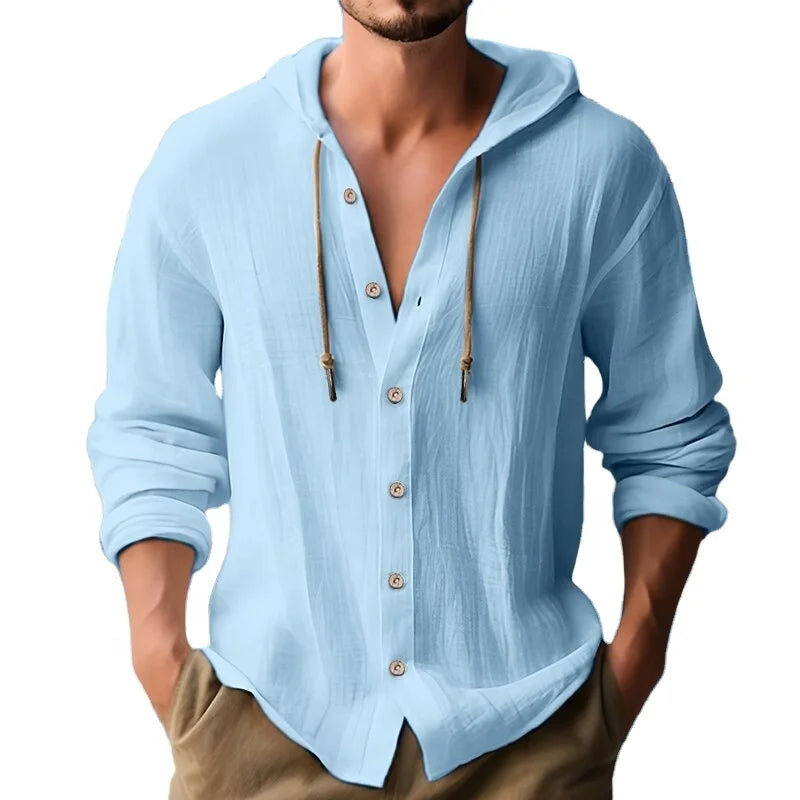 2024 Spring Summer Men's Casual Daily Clothing New Cotton Linen Stand Collar Hoodie Button-Up Long-Sleeved Shirt Thin Thickne