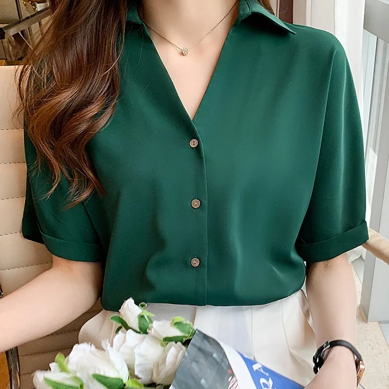 Summer Spring Fashionable Solid Dark Green Loose Women's Office Lady Button V-neck Slim Short Sleeve Satin Blouse Top 8392#