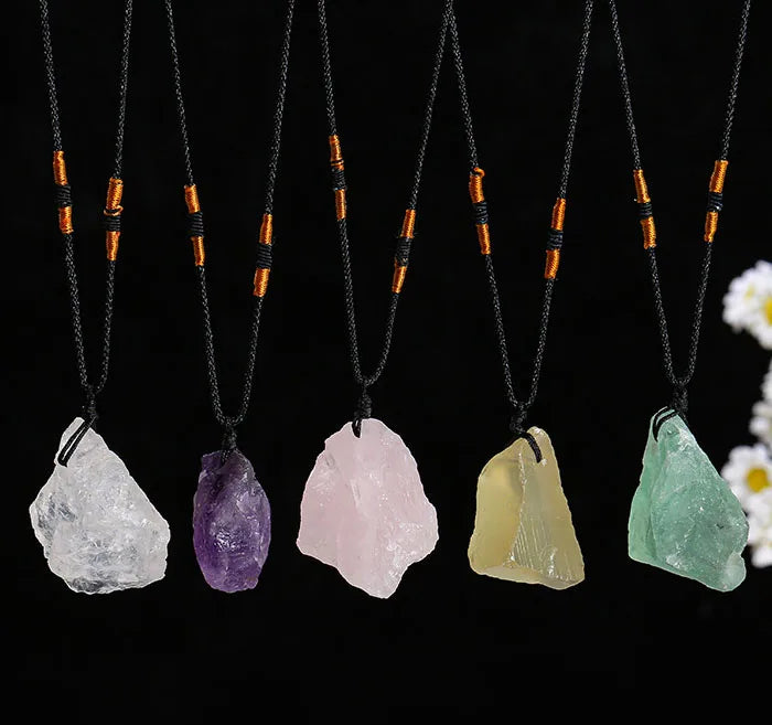 Raw Healing Stone Mineral Pendants NecklaceNatural Crystal Fluorite Rose Quartz Pendant Necklace for Women Men