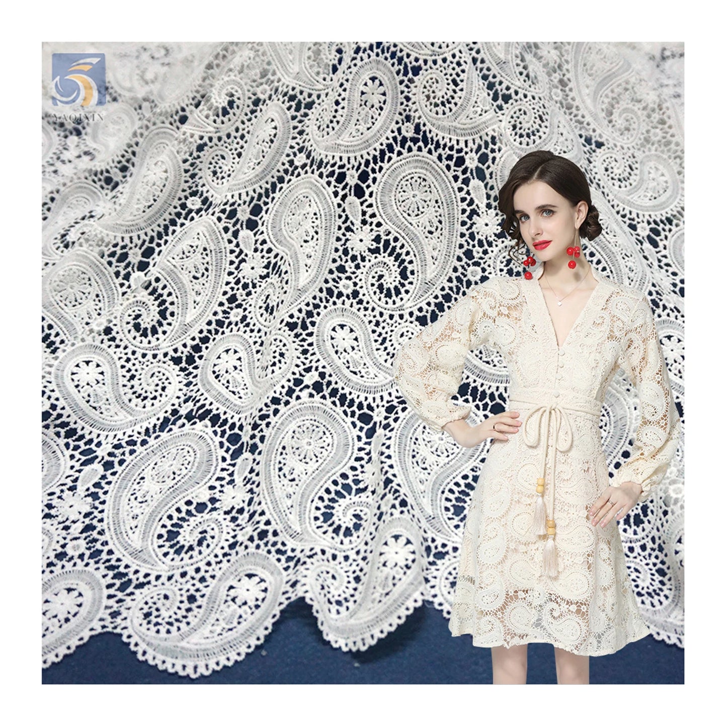 YX2435-1 2025 Best Selling Polyester Embroidered Water-Soluble Milk Lace Fabric Swiss Wedding Paisley Lace Fabric 15 Yards