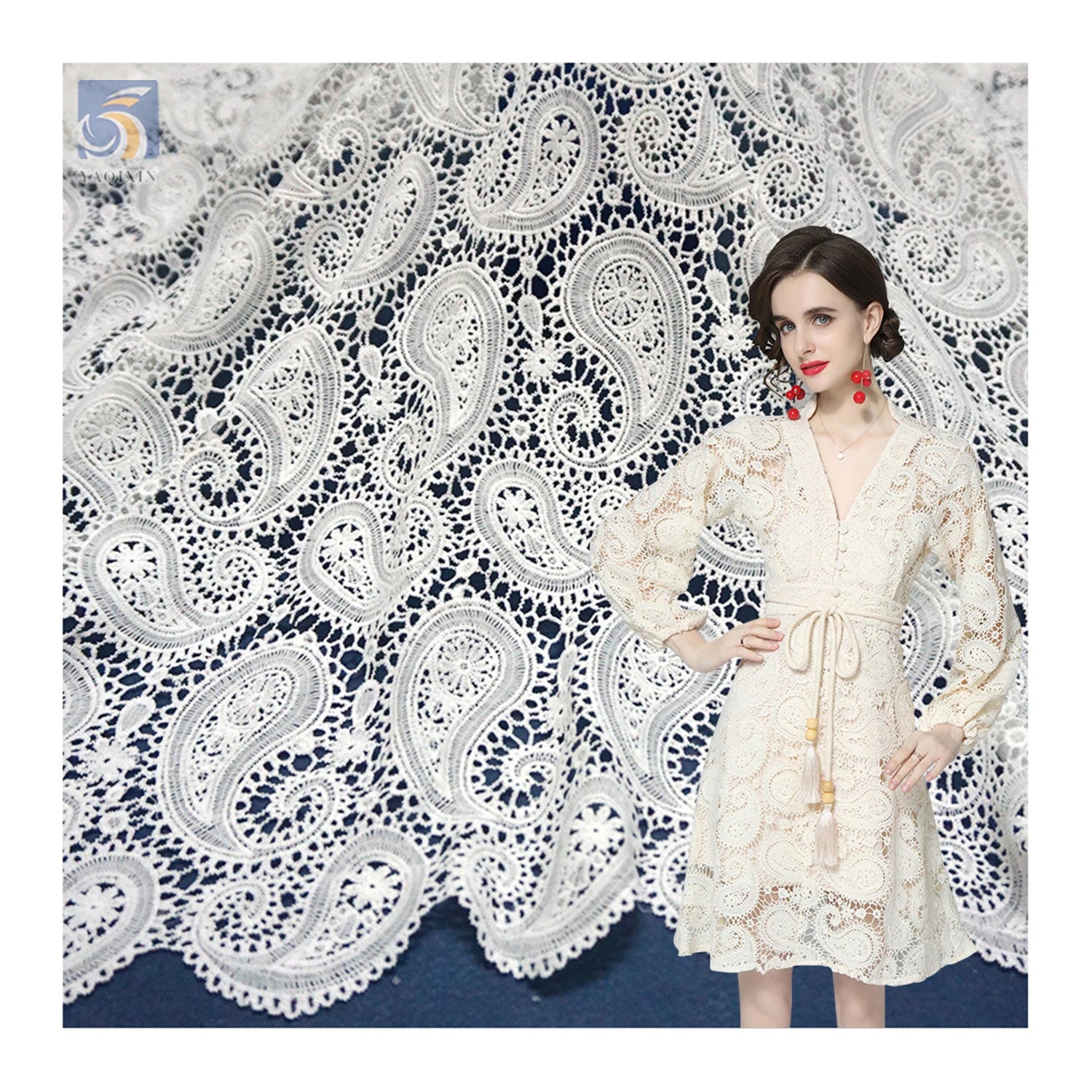 YX2435-1 2025 Best Selling Polyester Embroidered Water-Soluble Milk Lace Fabric Swiss Wedding Paisley Lace Fabric 15 Yards