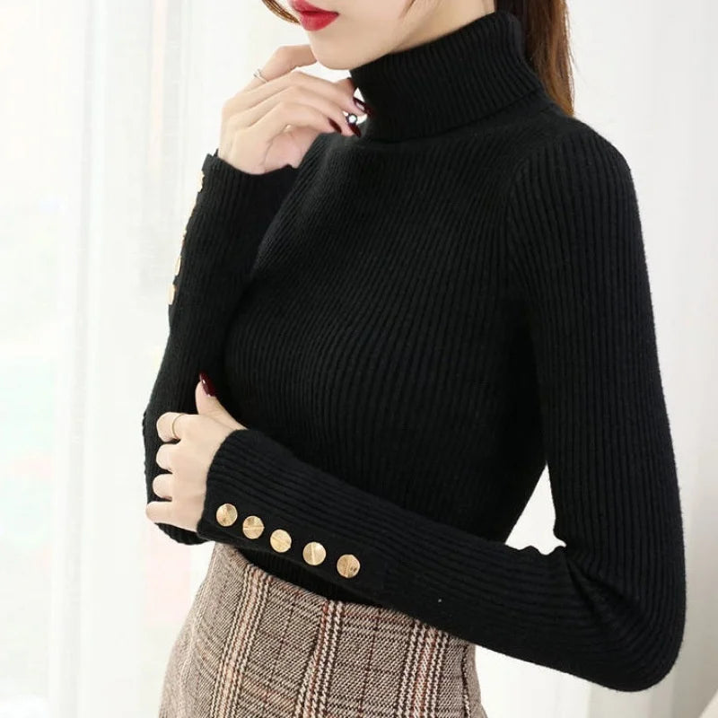 Custom Slim Black Ribbed Turtleneck Sweater for Women High Neck Korean Knitted Long Sleeve Button Top Autumn Casual Thick