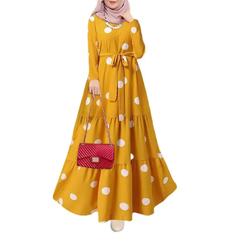 2024  Ladies Jilbab Polka Dot Muslim Ball Gown Print Dress Islamic Modest Abaya Dress Long Sleeve Retro Full Length Maxi Dres