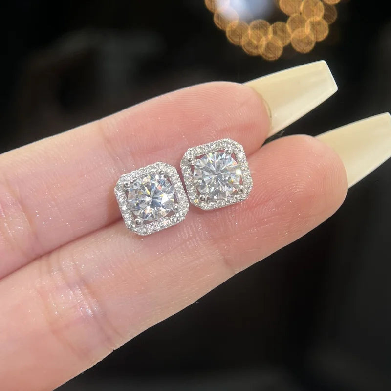 Wholesale Gra 0.5 1 2Ct Halo Cushion Square Design  Moissanite Diamond  925 Silver Stud Earrings for Women Engagement Jewelry