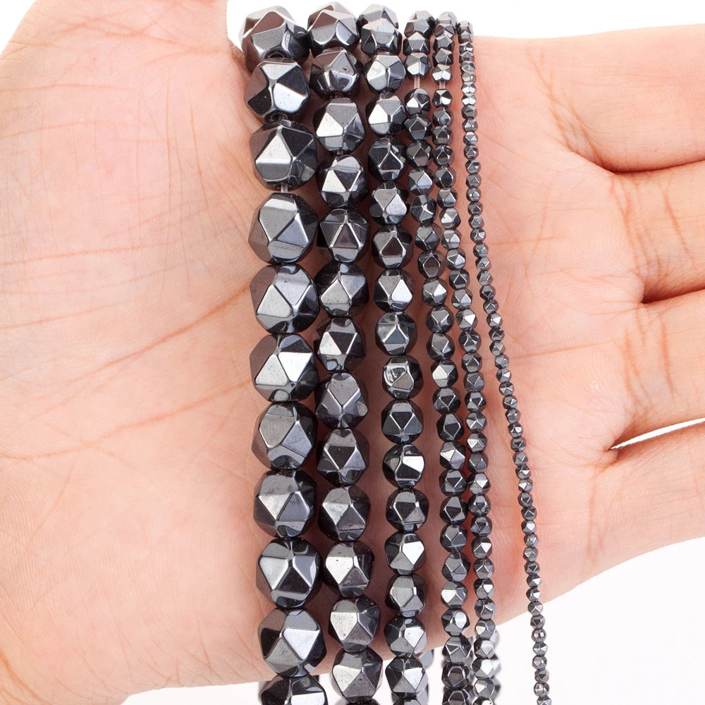 AsVrai U Natural AA+ Black Hematite Stone 24 Face Faceted Loose Spacer Beads for Jewelry Making Bracelet Handmade 15''
