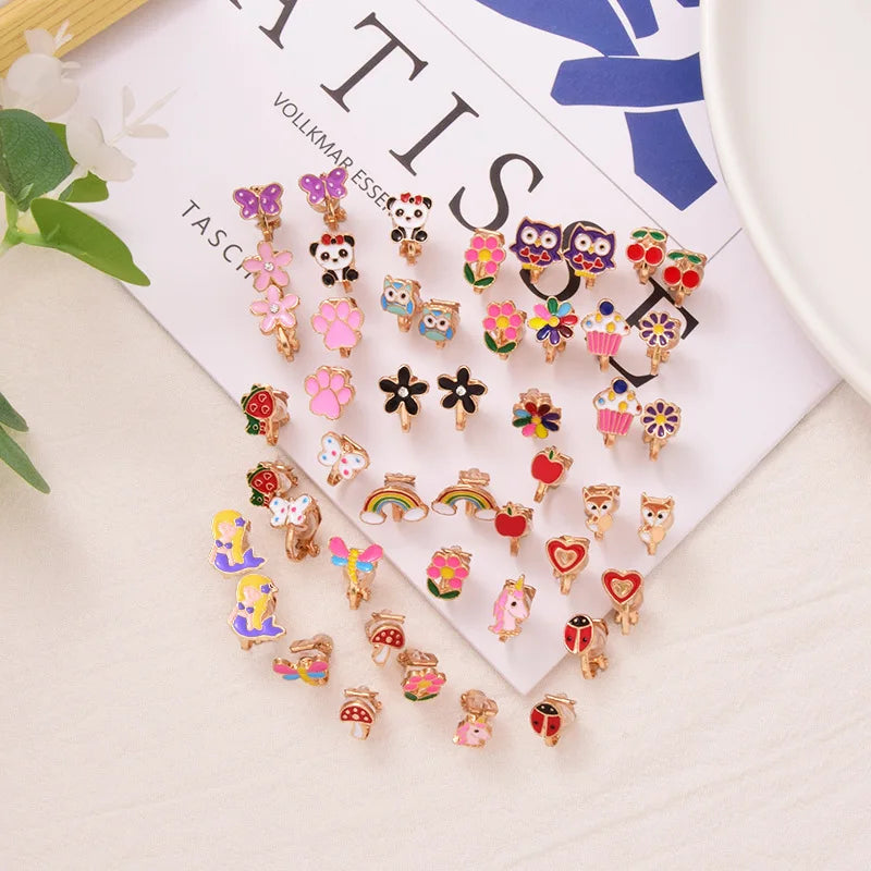 Girl Fashion 24 Pairs/Set Cute Animal Fruit No Pierced Kids Earring Butterfly Fox Children Clip-on Earrings