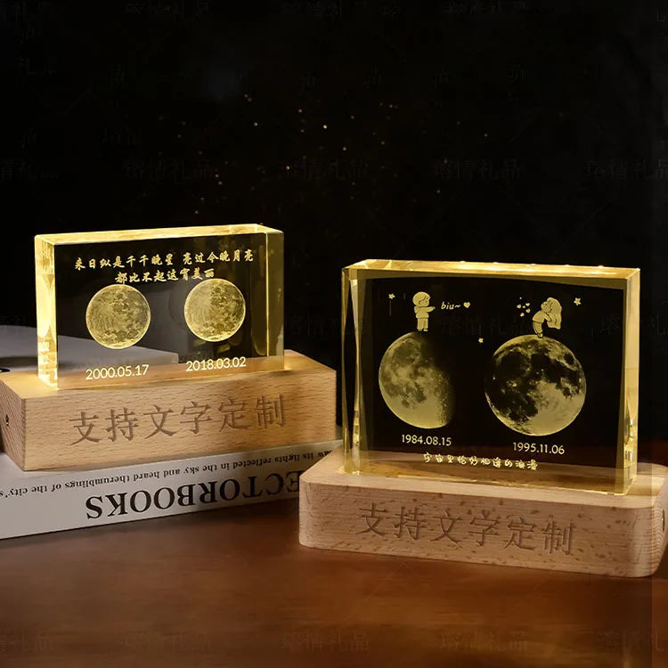 2024 New Night Light Laser Moon Cloud Engraved Crystal Block Cube Paperweight with Wooden Light Base MH-F0596