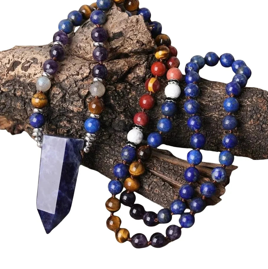 Natural Sodalite Stone Point Pendant 8mm Amethyst Crystal Tiger Eye Lapis Round Beads Knotted Handmade Necklace Mala Jewelry