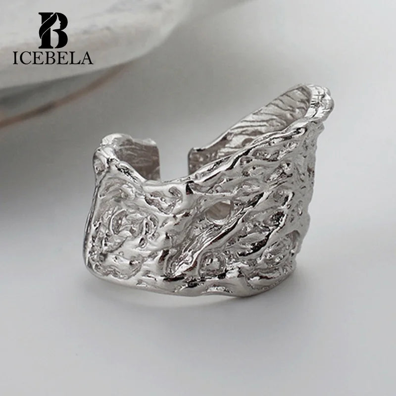 ICEBELA Simple Style Ring Unisex Adjustable Ring 925 Sterling Silver Irregularly Corroded Texture Index Ring