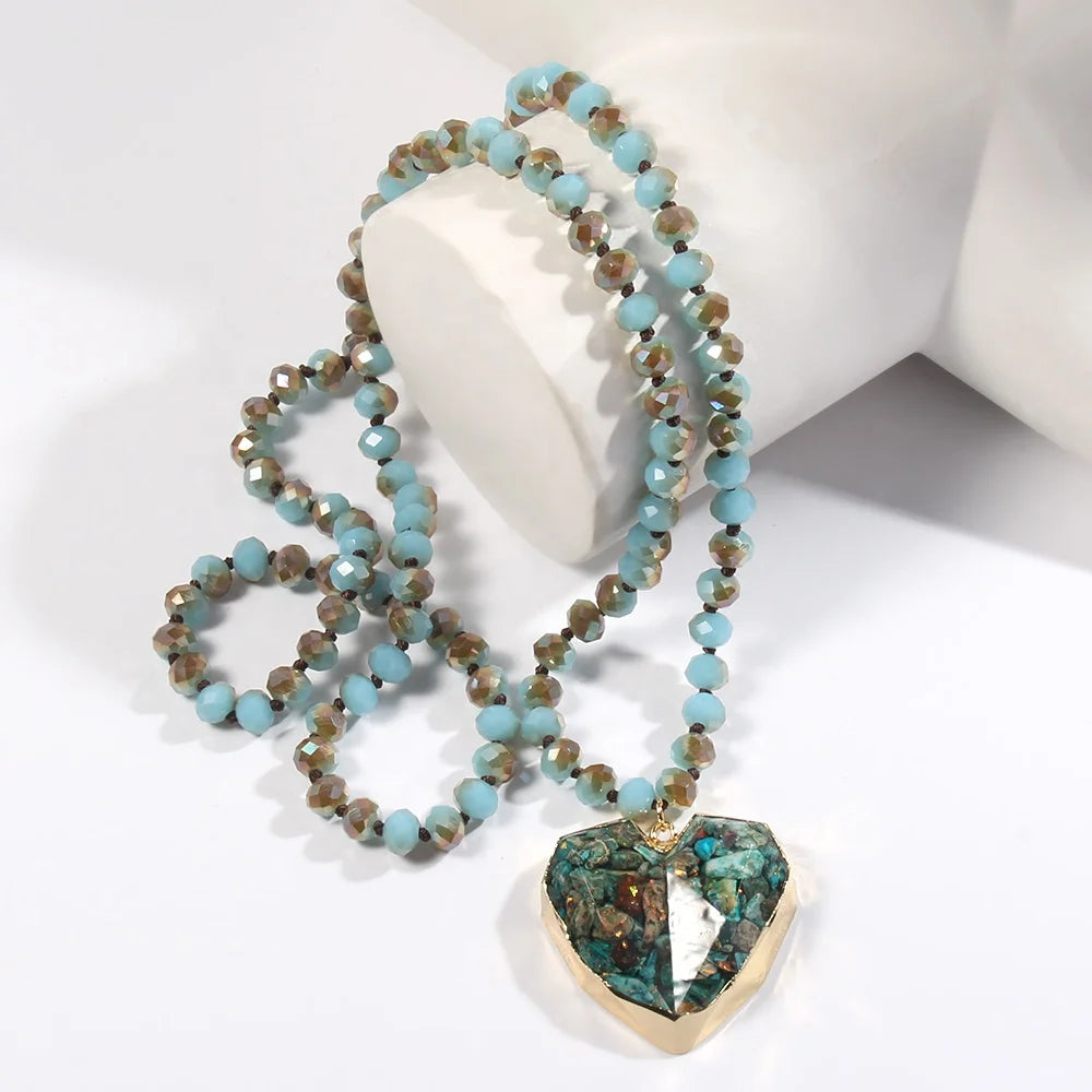 Fashion Women  Jewelry 8mm Knot Crystal Glass Necklace Vintage Gold Edge Heart Pendant Necklace