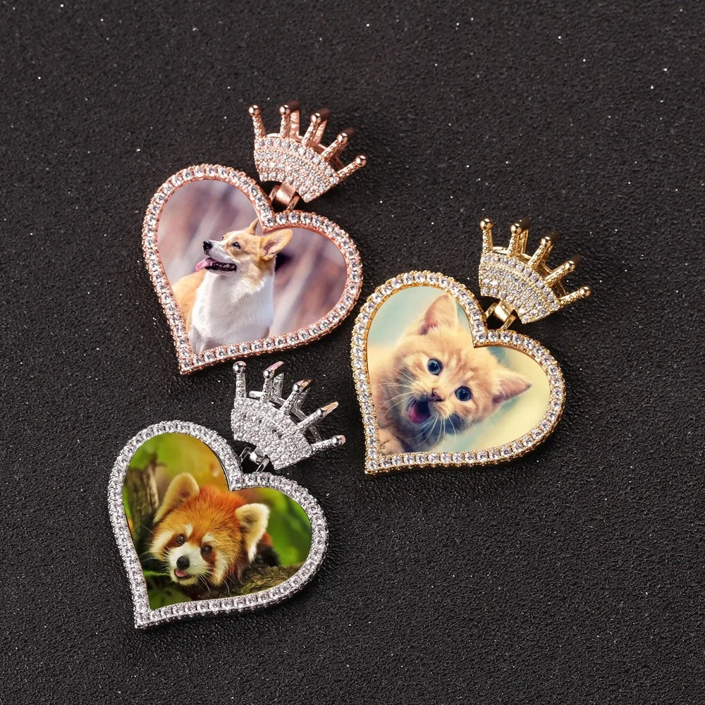 New Iced Out Creative Crown Hook Love Heart Photo Pendant Shiny CZ Frame Picture Necklaces Sublimation Memory Medallions Jewe