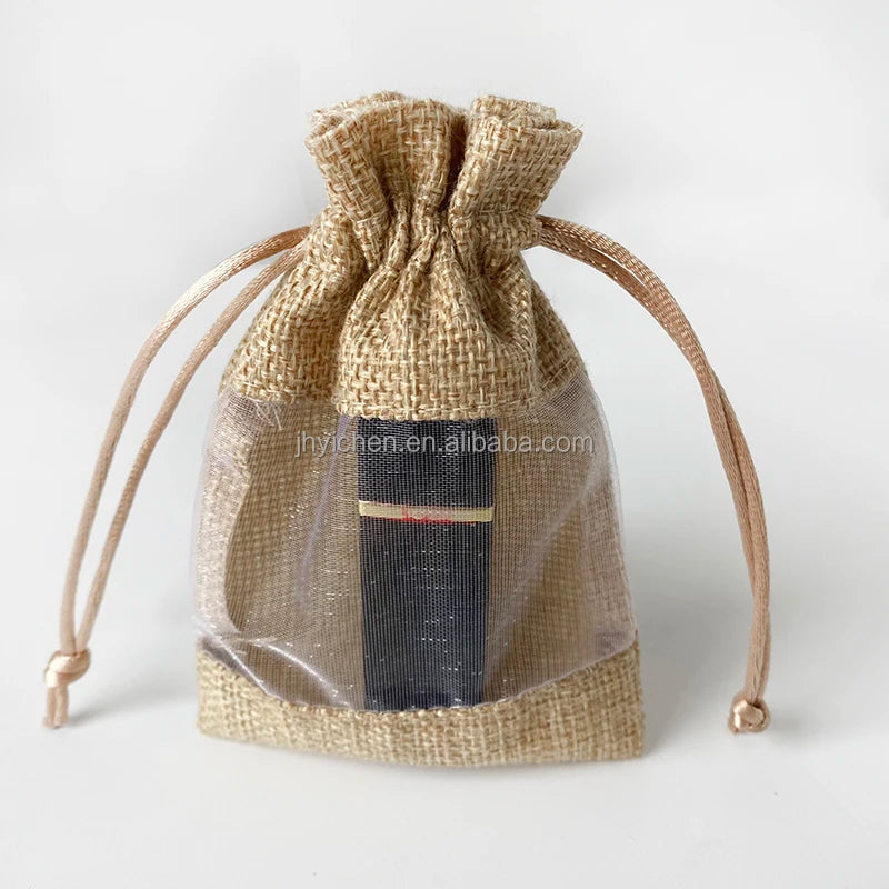 Custom Design 17x23cm Natural Jute Linen Drawstring Makeup Lipstick Packaging Bags
