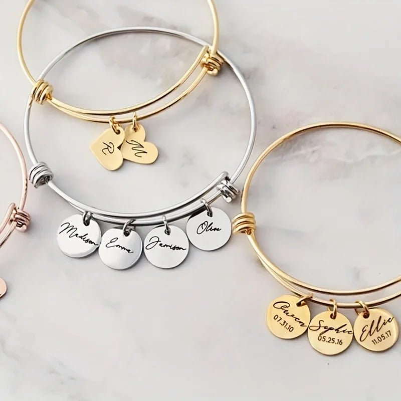 Wholesale Stainless Steel Handwriting Round Coin Pendant Adjustable Size Hand Bangle Personalized Bracelet for Gift